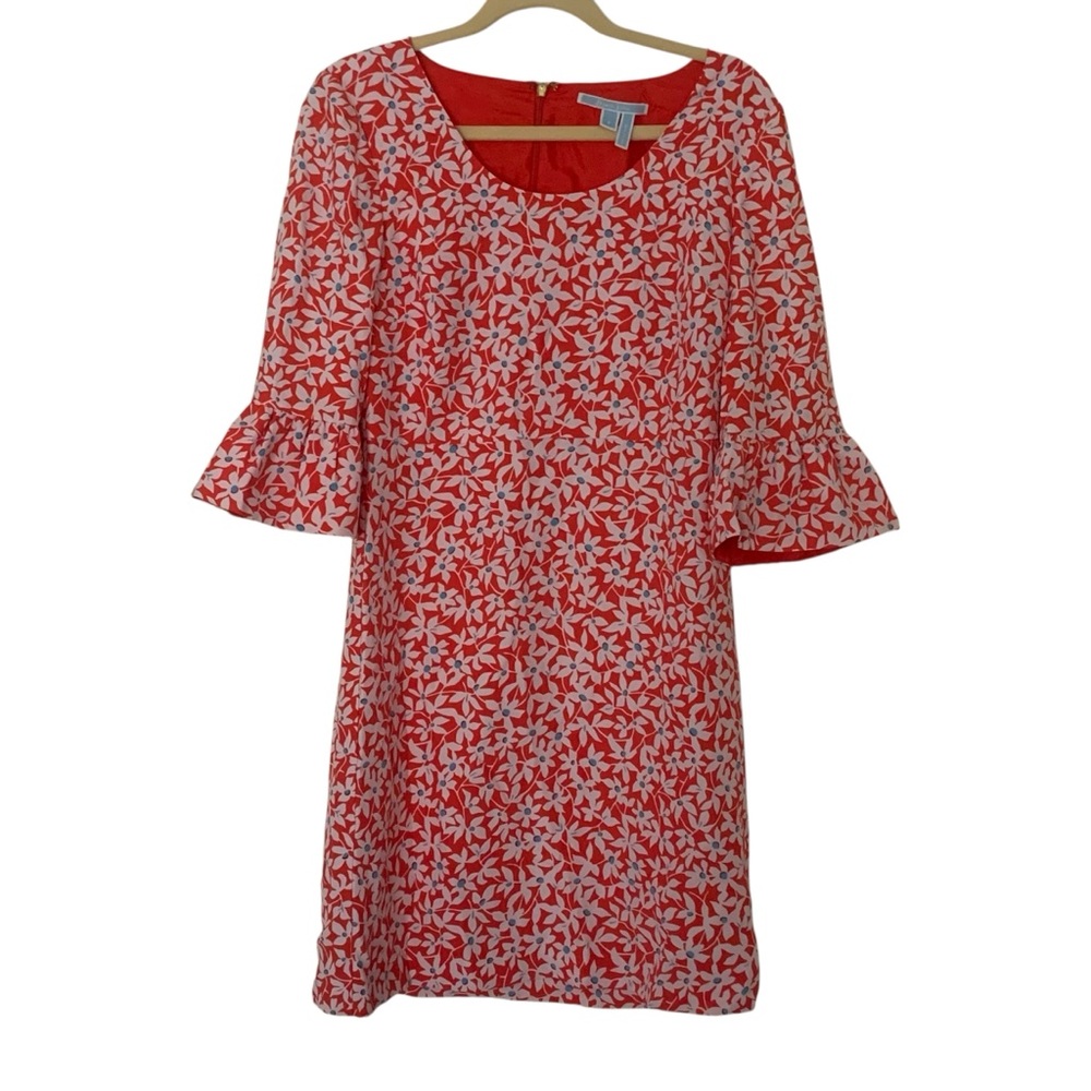 Draper James Red White & Turquoise Floral Dress with Bell Sleeves Size 6